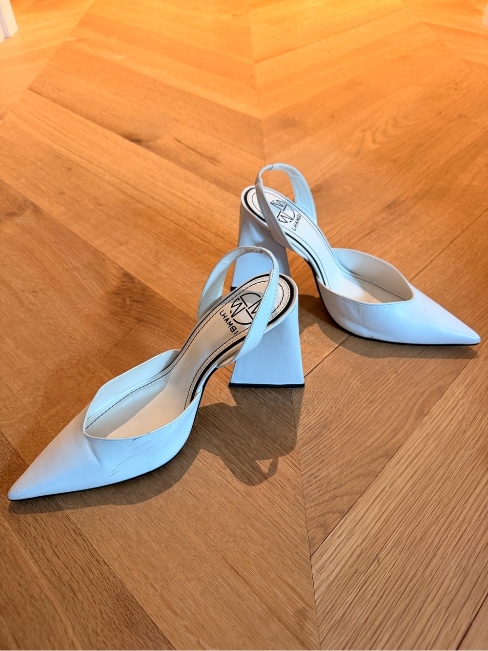 White Pointed Slingback Block Heels